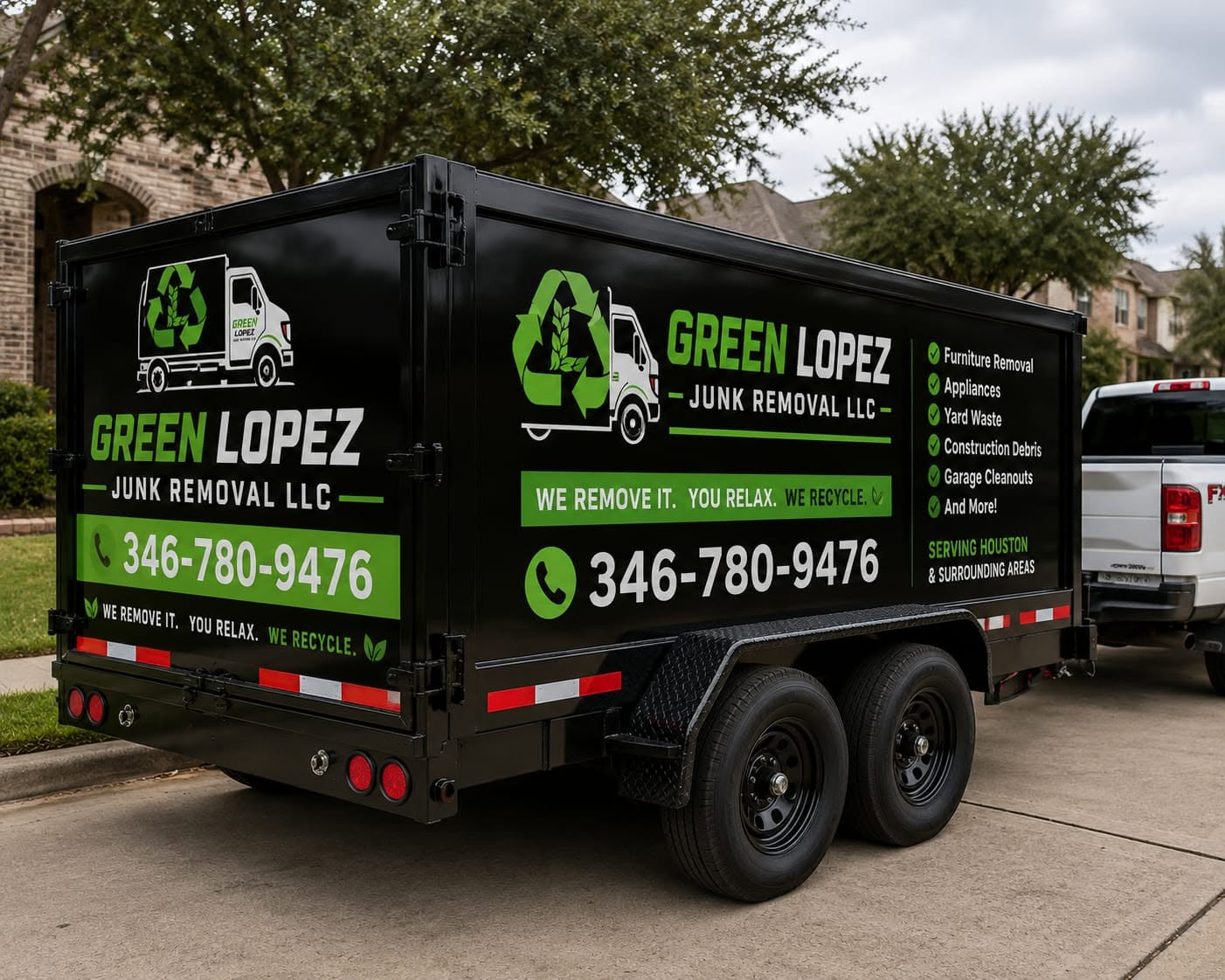Green Lopez Junk Removal branded truck serving Houston